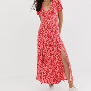 ASOS DESIGN button through maxi tea dress with splits in ditsy print